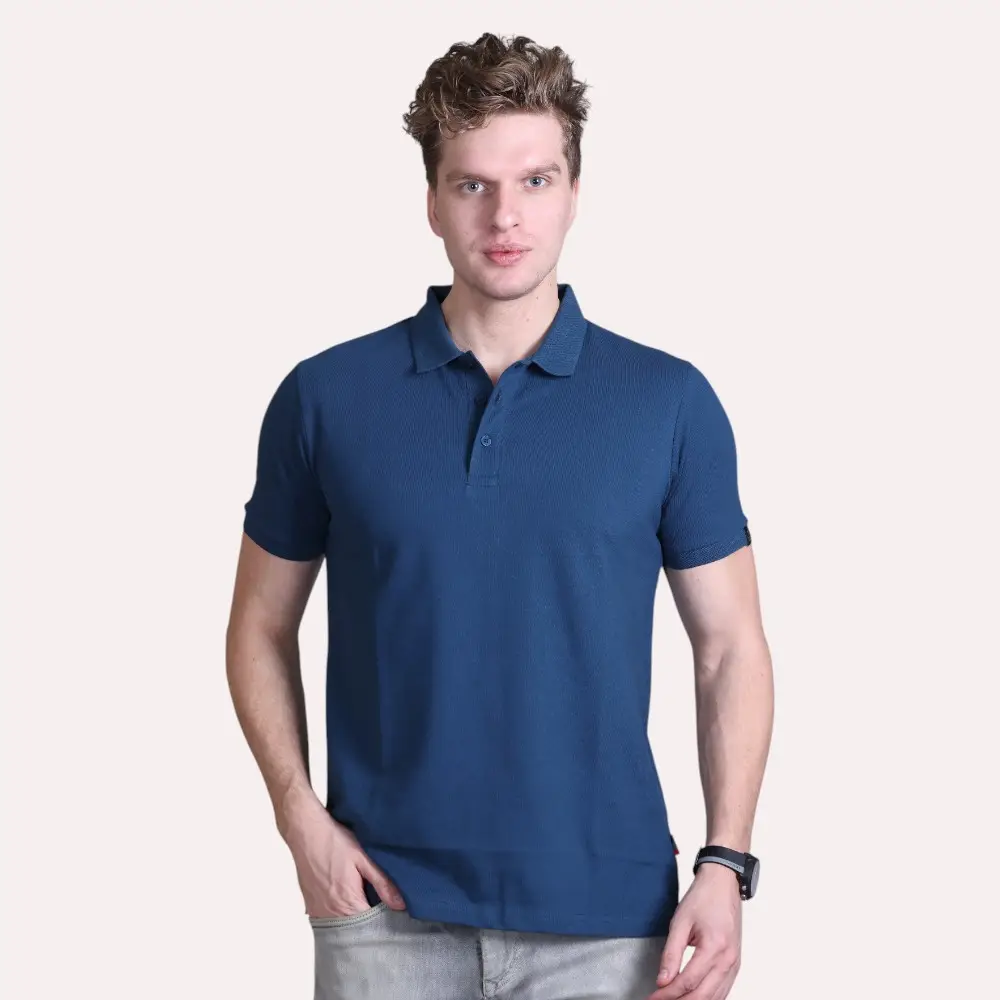 Indian Terrain Jacquard Collar Solid T-Shirt- Teal Blue — image 1