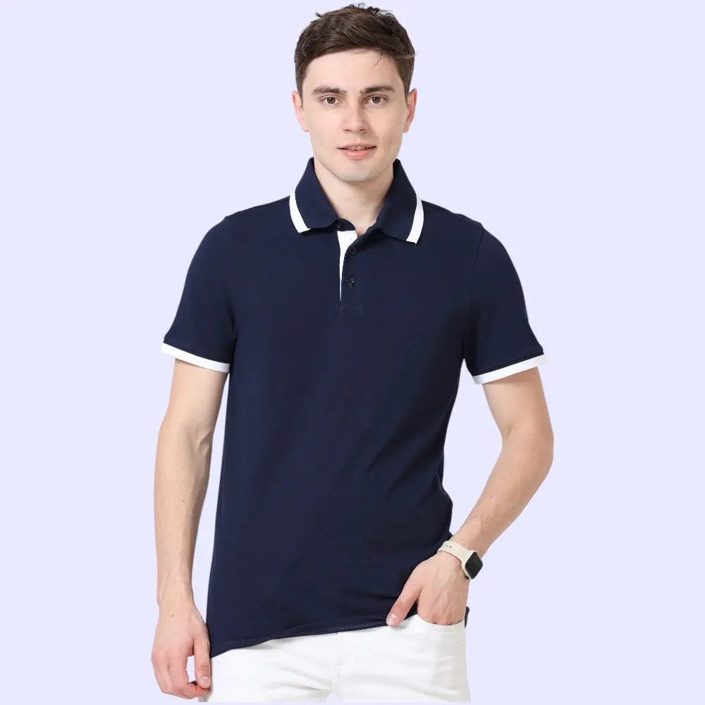 Puma Polo Neck -Tipping Poly Cotton 220 GSM T-Shirt- Navy Blue with White — image 1