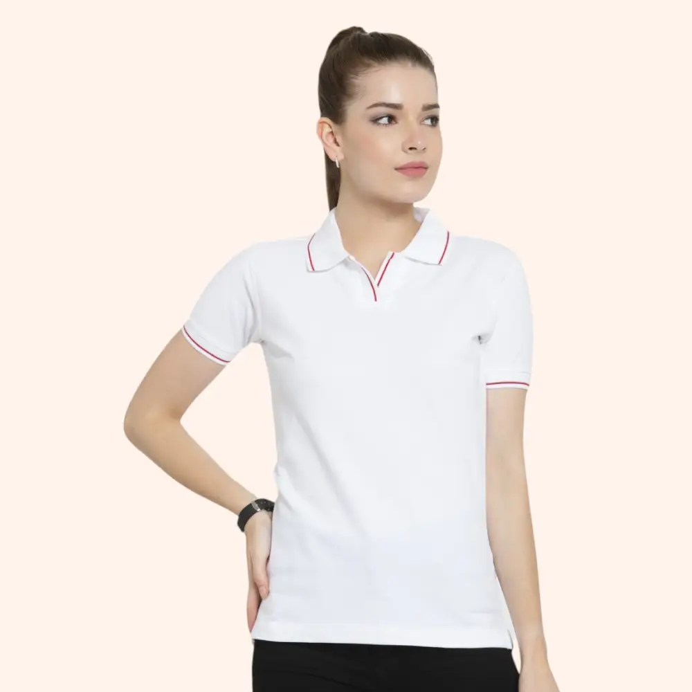 Scott Organic Women's Polo T-Shirt- White with Red Tipping — image 1