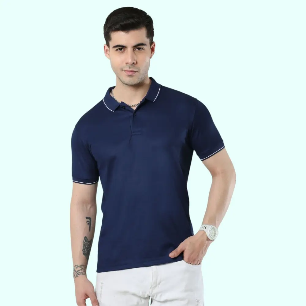Scott Shimmer Polo T-Shirt- Navy Blue with White Tipping — image 1