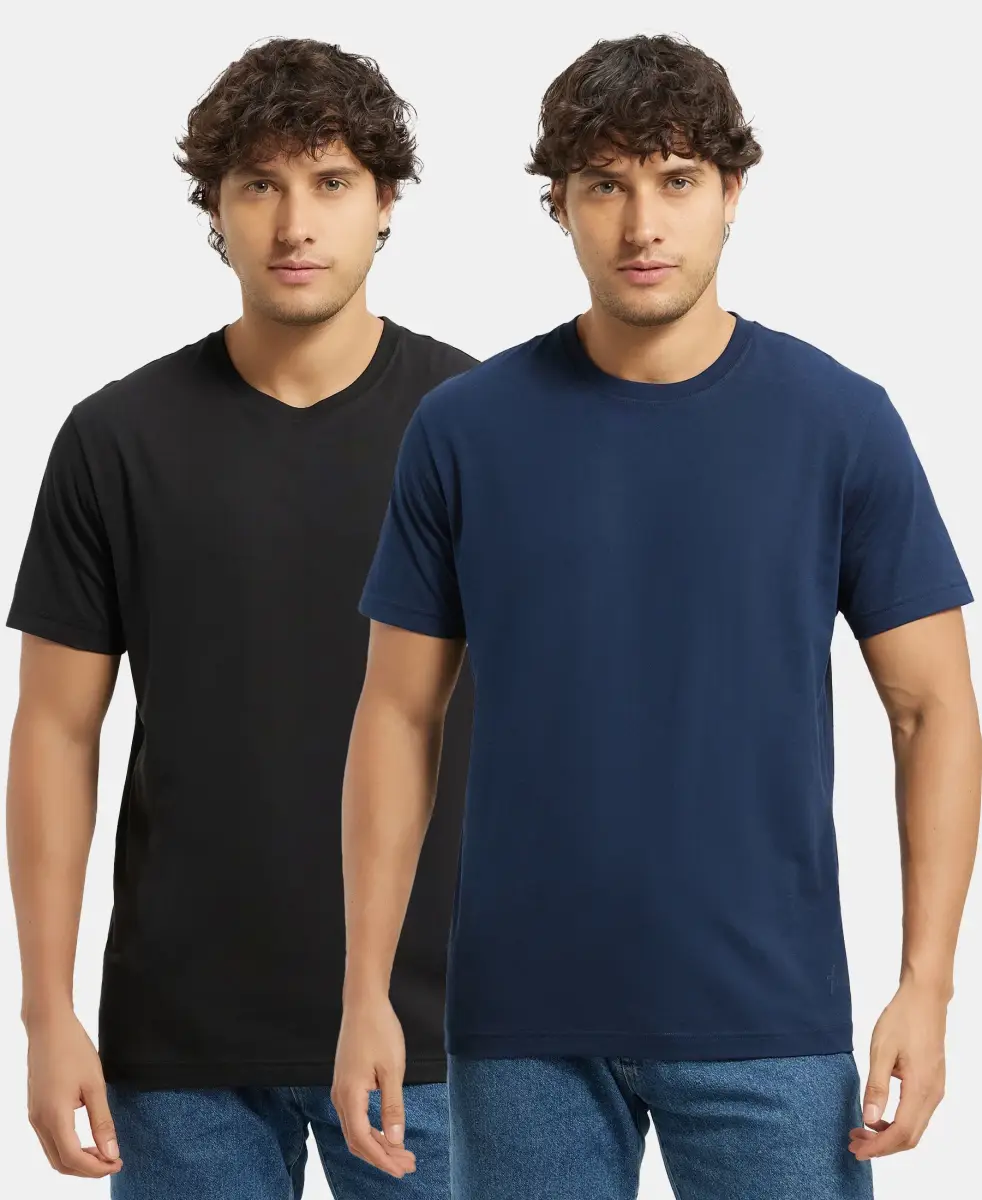 Super Combed Cotton Rich Round Neck Half Sleeve T-Shirt - Black & Navy (Pack of 2) — image 1