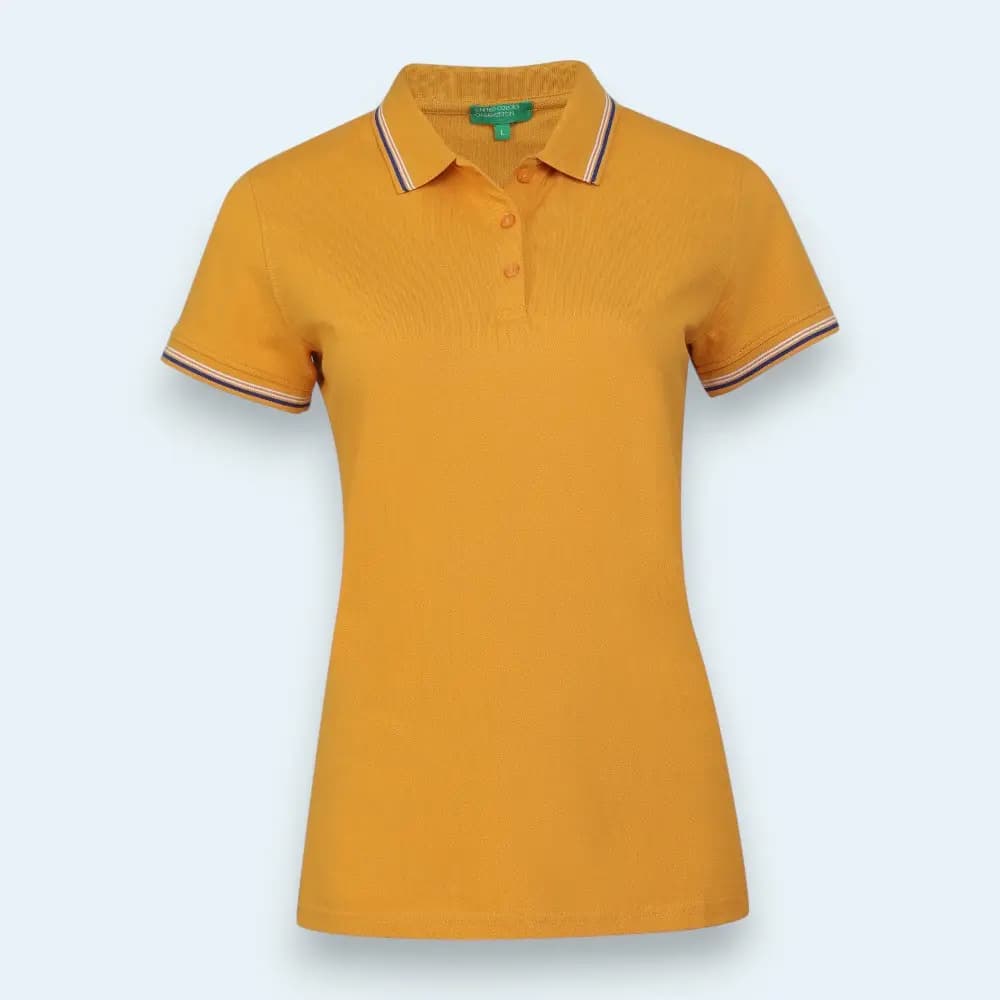 UCB Women Cotton Lycra Polo T-Shirt with Tipping-Mustard with Blue & White — image 1