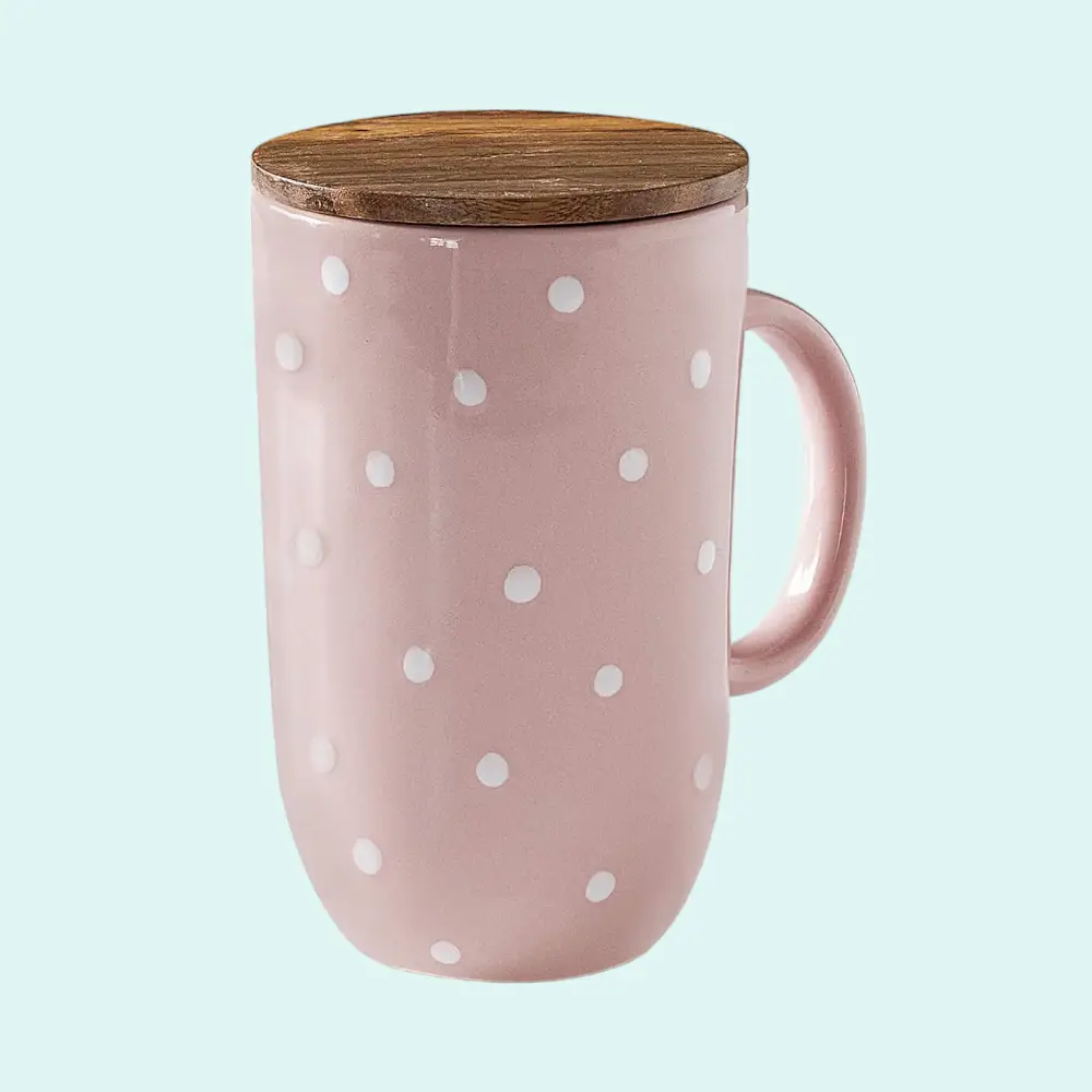 Ceramic Mug Tall Polka Dots lid Blush-400ml-Light Pink — image 1
