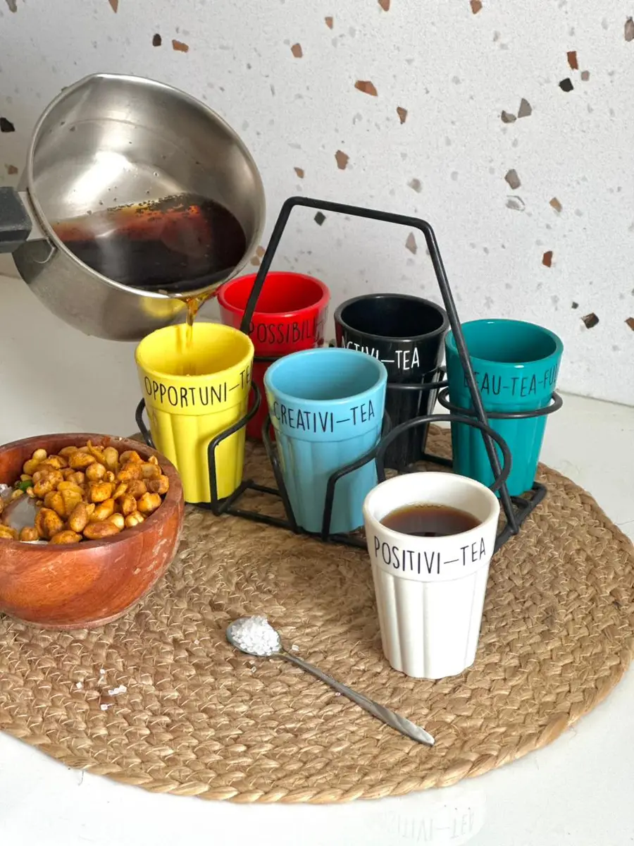 Unbreakable Cutting Chai Cups with Stand - Set of 6 - Solid Multicolor With Quirky Print — image 1