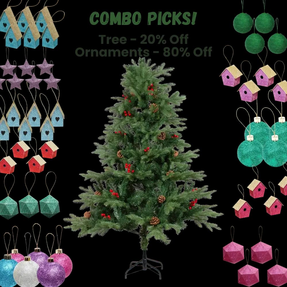 6 Feet - Christmas Deluxe Realistic Tree with Metal Stand Pine Cones & Red Berries (180cm) 1pc (Ornaments Combo) — image 1