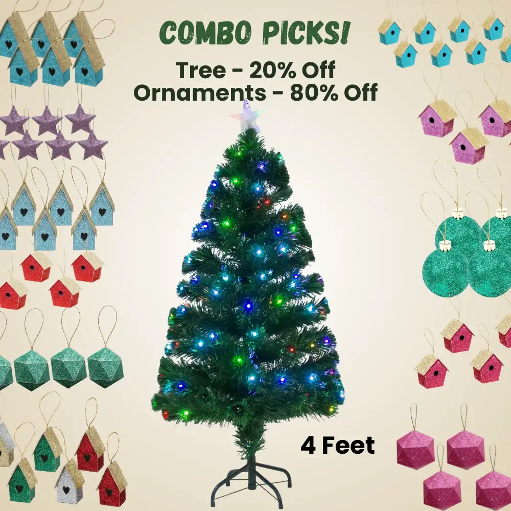 4 Feet - Christmas LED Fibre Optic Tree with Colour Changing Lights & Star 140 Branches 1pc (Ornaments Combo) — image 1