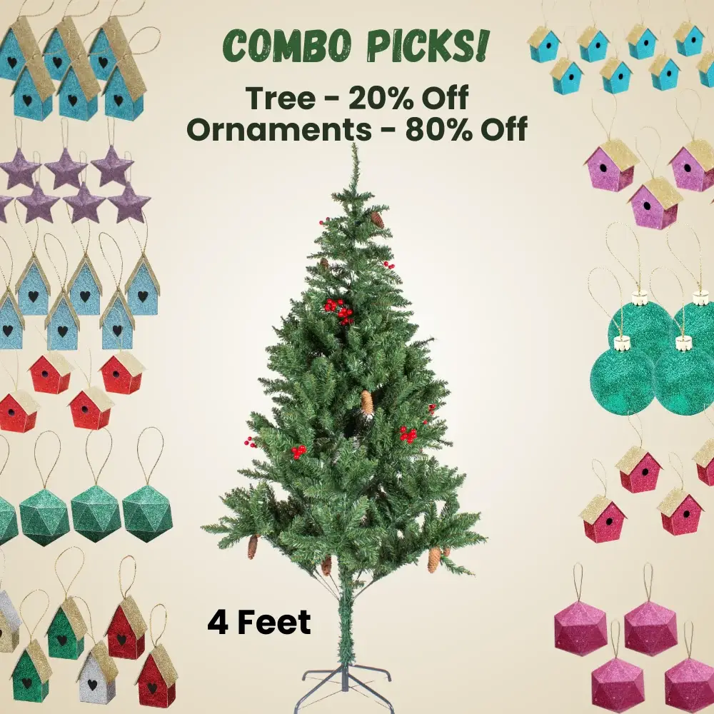 4 Feet - Christmas Premium Tree with Metal Stand Pine Cones & Red Berries 1pc (Ornaments Combo) — image 1