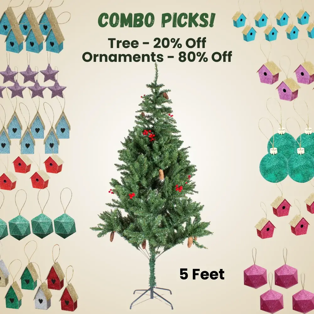 5 Feet - Christmas Premium Tree with Metal Stand Pine Cones & Red Berries 1pc Box (Ornaments Combo) โ image 1