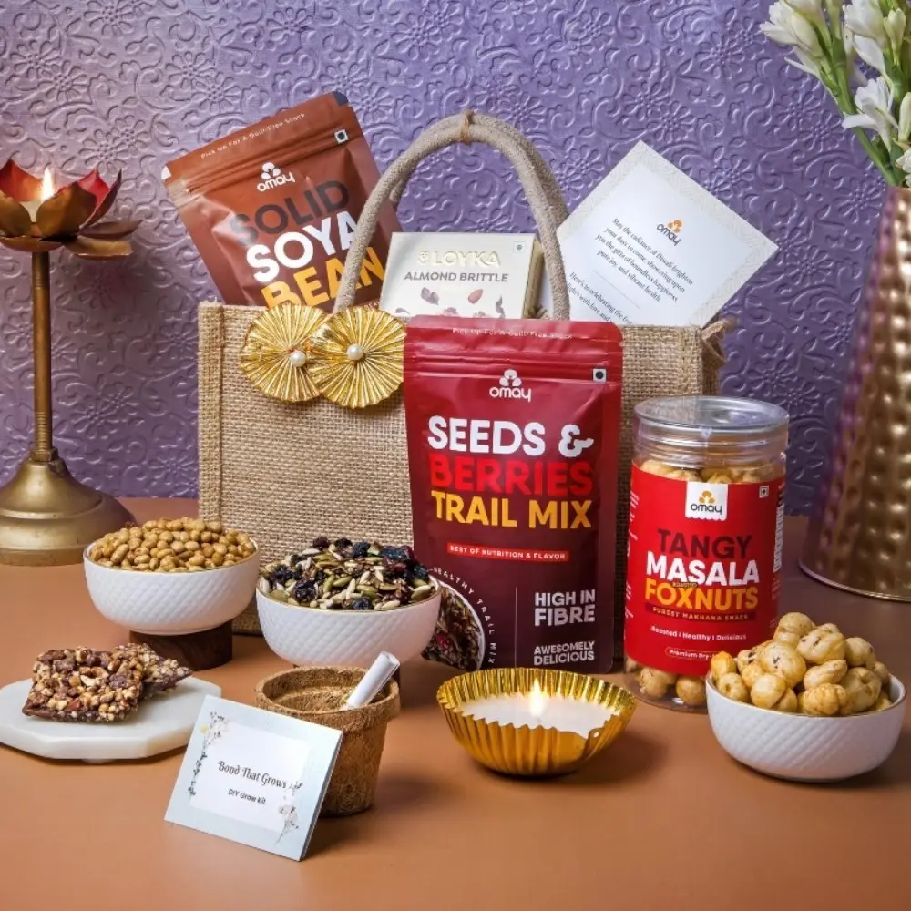 Omay Foods Nourish & Nibble Diwali 7-in-1 Jute Bag (with zipper) — image 1