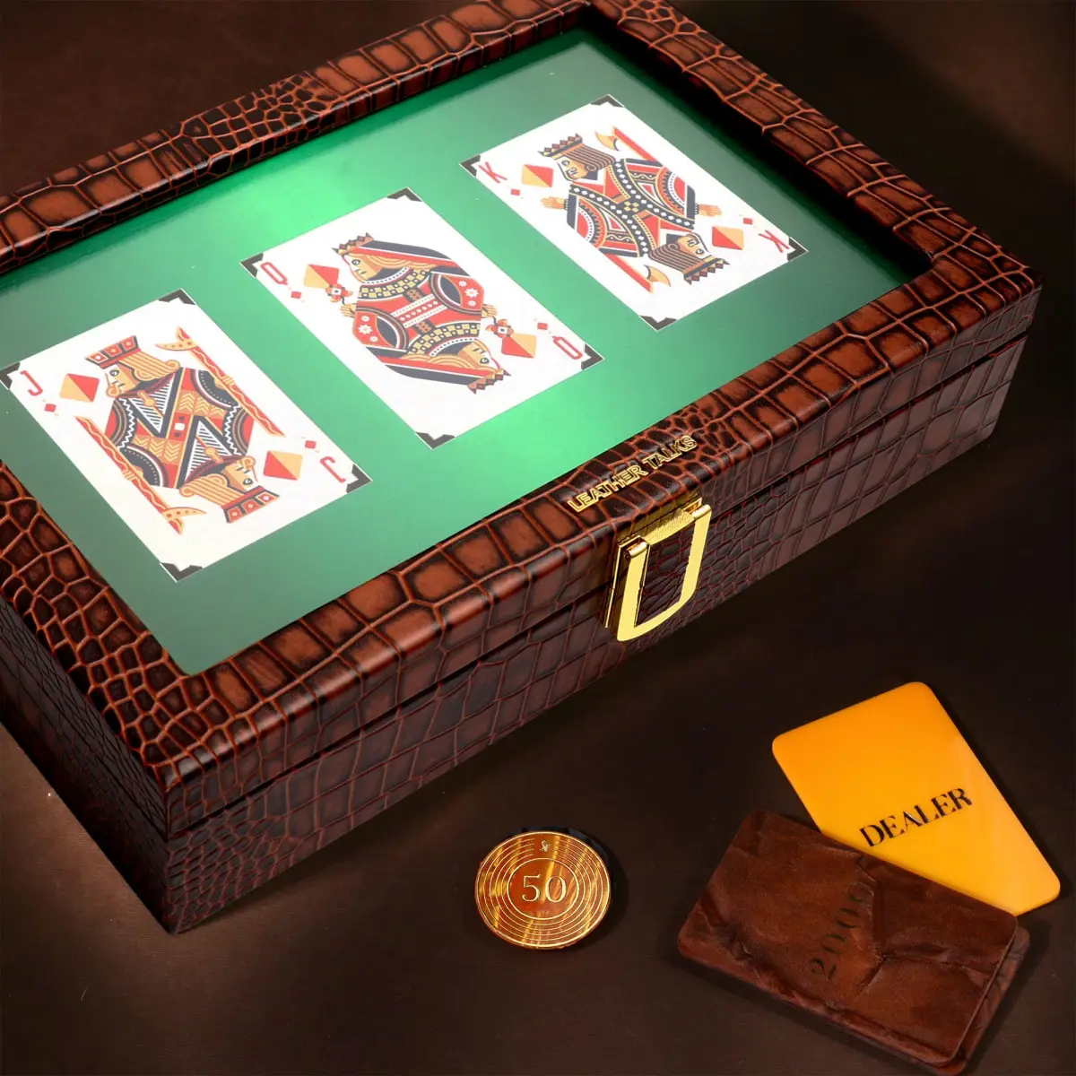 Leather Poker Box | Croco Embossed Genuine Leather | Luxury Playing Card Case | Premium Poker Gift Set | Color: Tan — image 1
