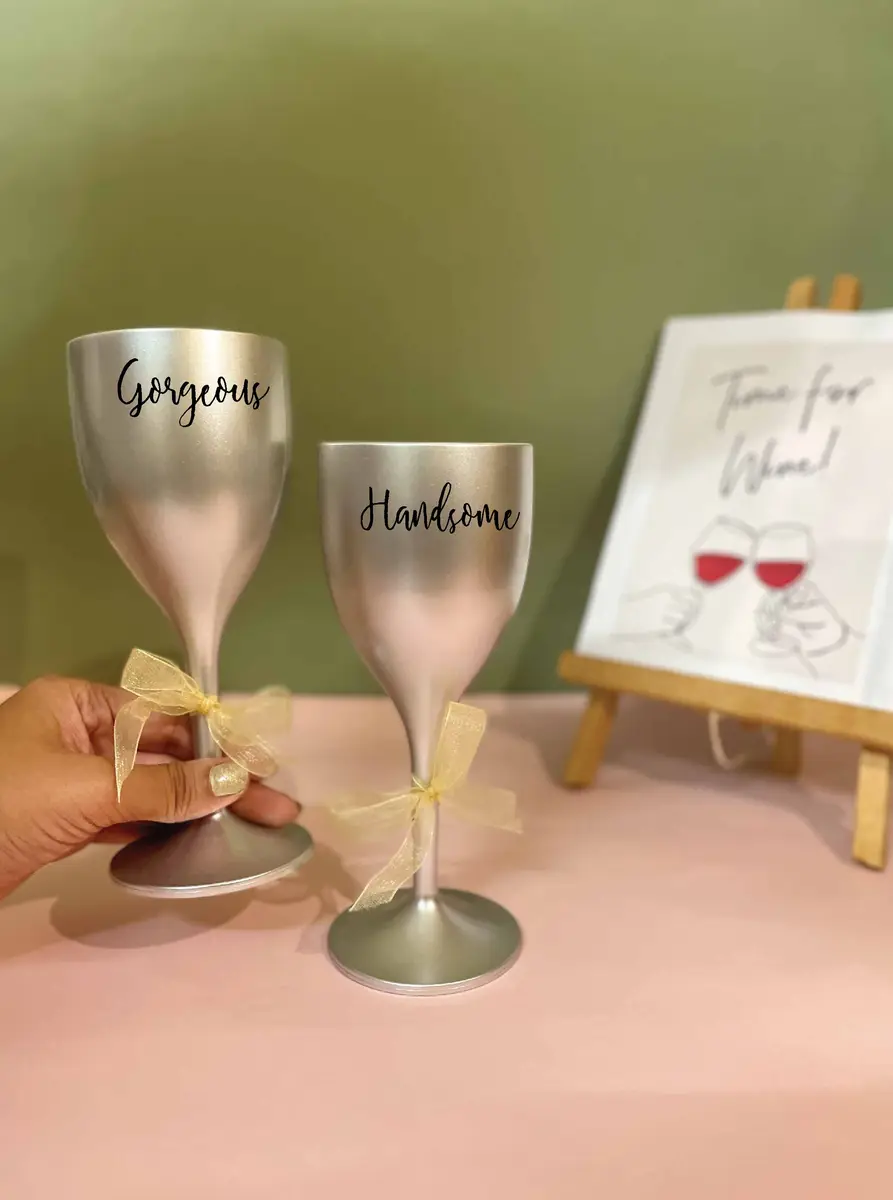 Non Breakable Couple Wine Glass Gift Set - Handsome & Gorgeous Wine Glasses - Set of 2 - silver — image 1