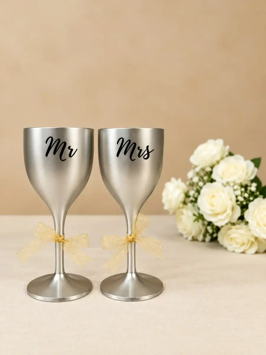 Non Breakable Couple Wine Glass Gift Set - Mr. & Mrs Wine Glasses - Set of 2 - Silver — image 1