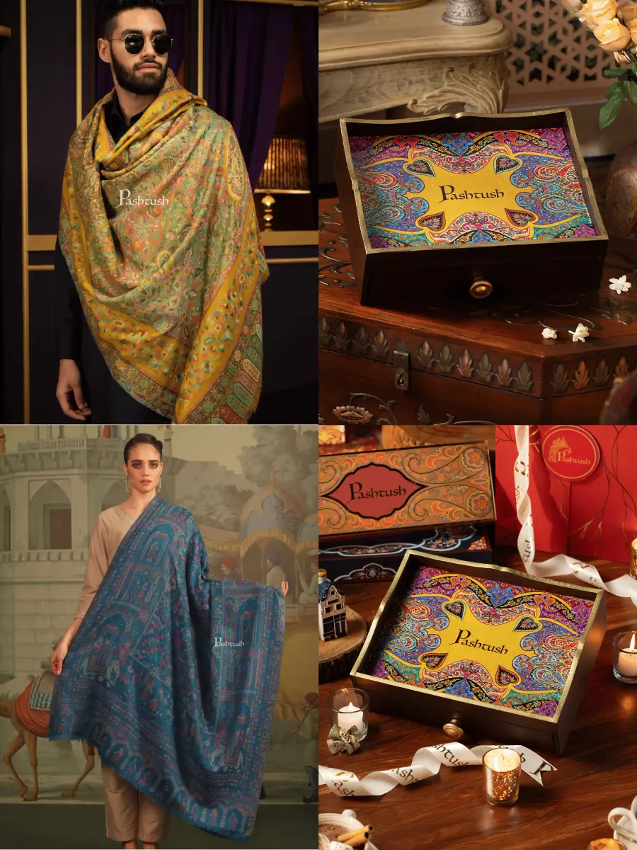 Pashtush His and Her Gift Set of 100% Pure Wool Stole and Shawl, Mustard and Blue, Packaged in Keepsake Wooden Chester Gift Box — image 1