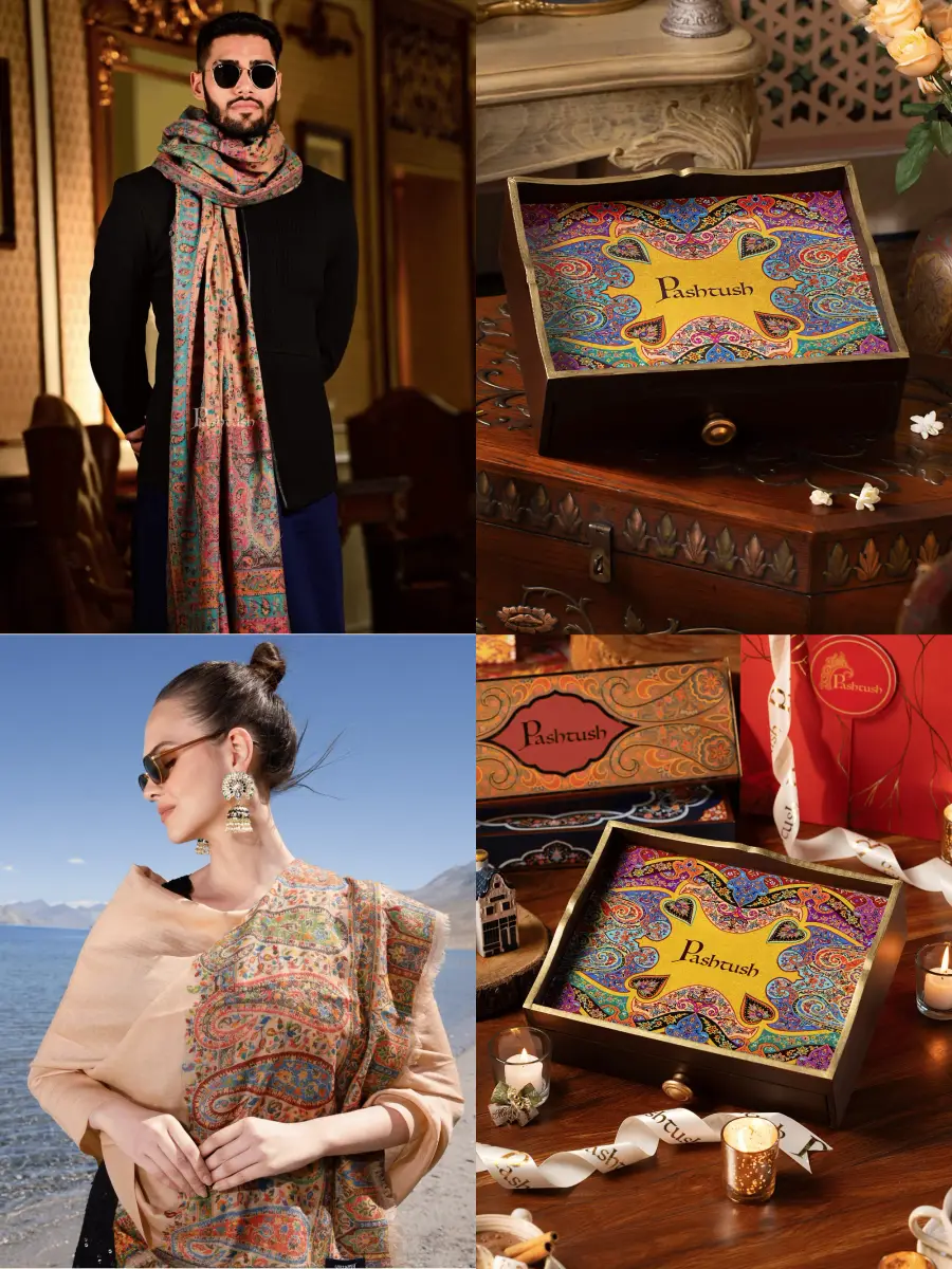 Pashtush His and Her Gift Set of 100% Pure Wool Stoles, Multicoloured, Packaged in Keepsake Wooden Chester Gift Box — image 1