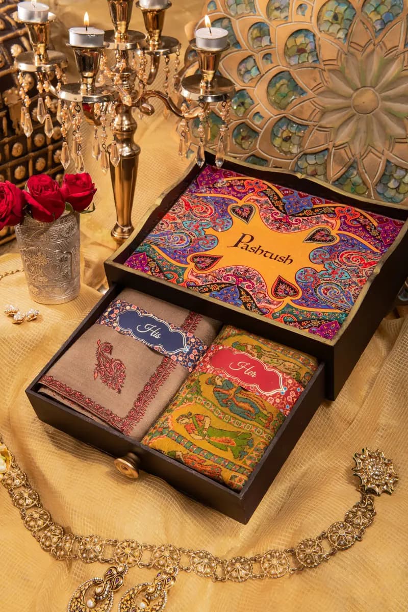 Pashtush His And Her Gift Set Of Kingri Hand Embroidery Shawl And Pure Wool Darbar Shawl With Wooden Chester Box, Beige and Multicolour — image 1
