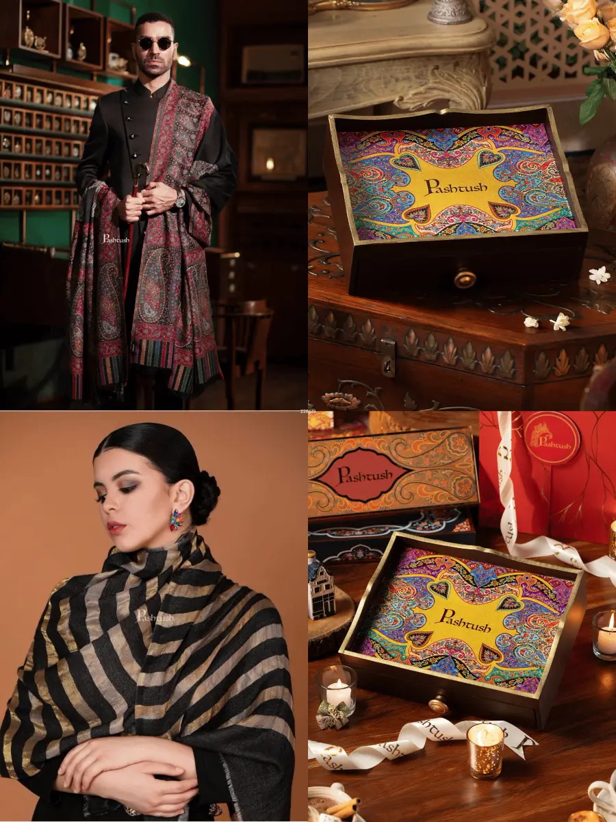 Pashtush His and Her Gift Set of Mens Fine Wool Shawl and Womens Twilight Stole, Black, Packaged in Keepsake Wooden Chester Gift Box — image 1