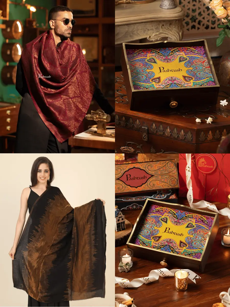 Pashtush His and Her Gift Set of Twilight Stole and Shawl, Maroon and Black, Packaged in Keepsake Wooden Chester Gift Box — image 1