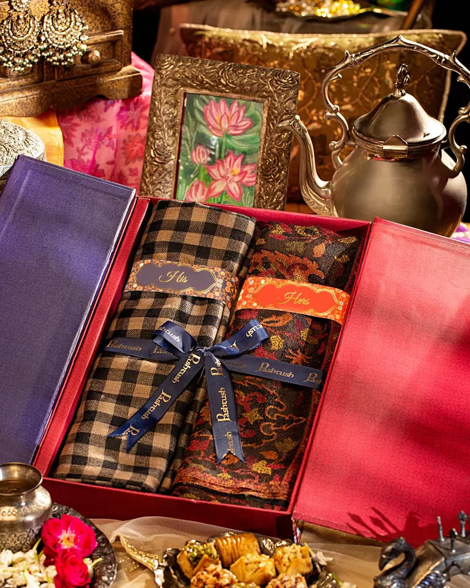 Pashtush His And Her Set Of Fine Wool Check Shawl and Ethnic Weave Palla Shawl With Premium Gift Box Packaging, Black — image 1