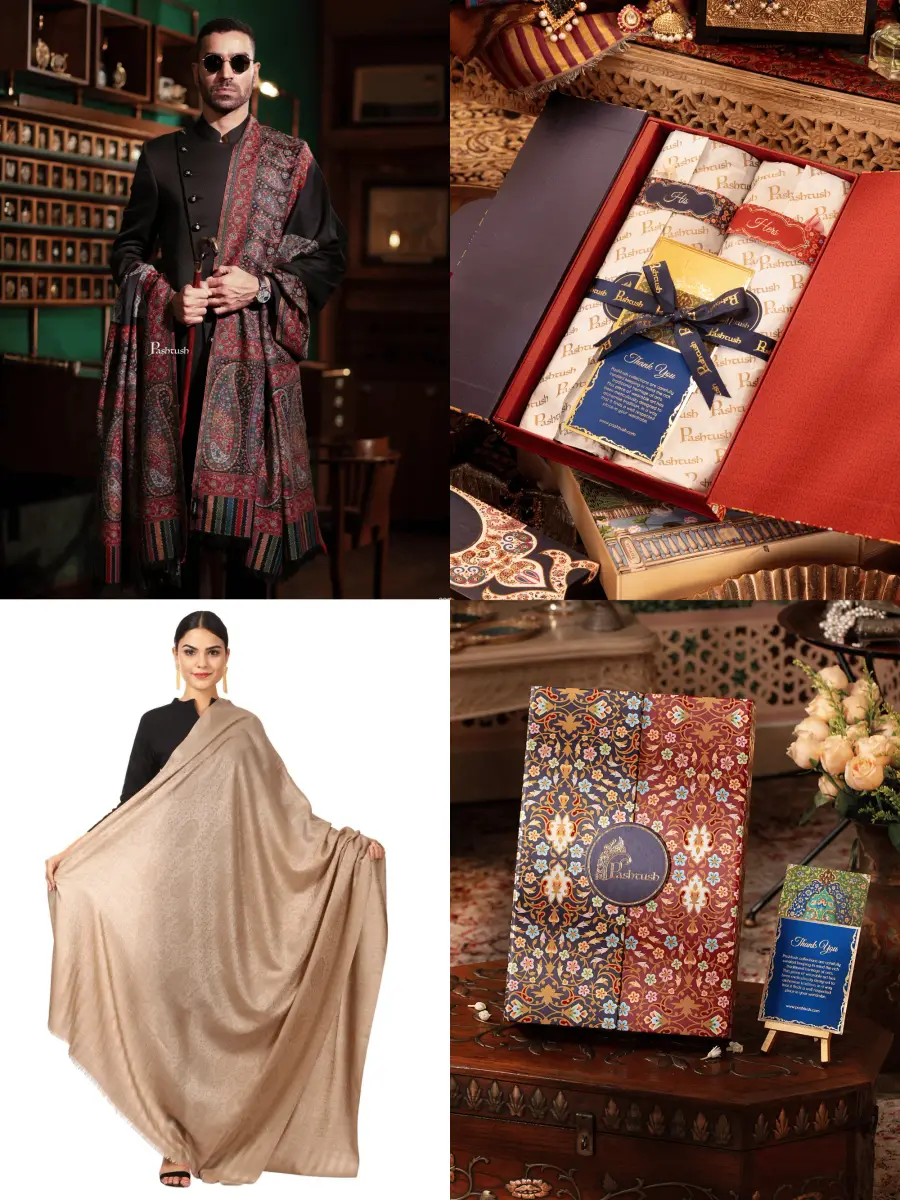 Pashtush His And Her Set Of Fine Wool Shawls, Premium Gift Box Packaging, Black and Beige — image 1