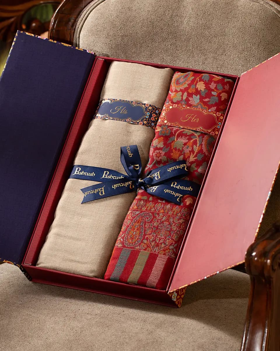 Pashtush His And Her Set Of Fine Wool Shawls, Premium Gift Box Packaging, Taupe and Maroon — image 1