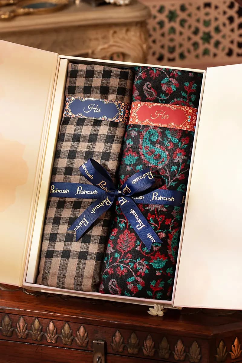 Pashtush His And Her Set Of Mens Fine Wool Shawl and Womens Reversible Stole With Premium Gift Box Packaging, Black — image 1