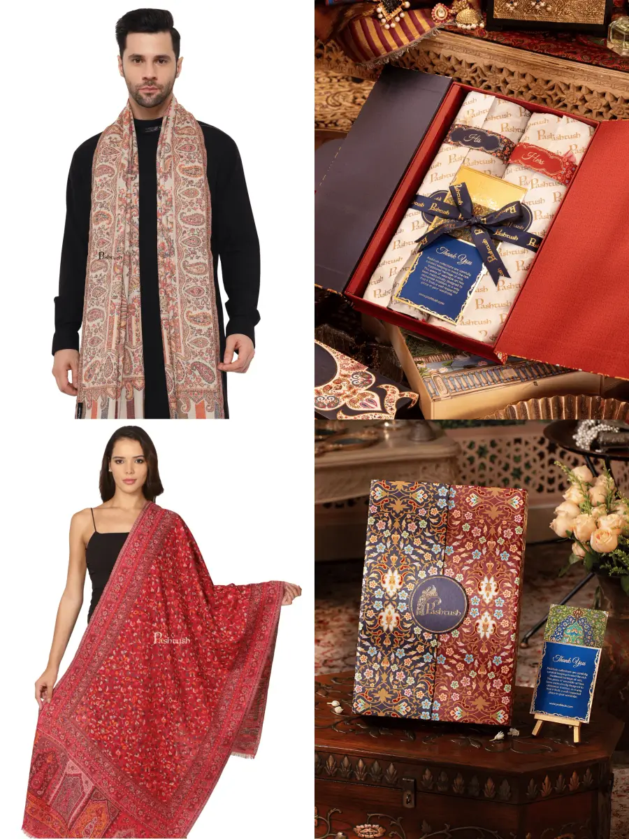 Pashtush His And Her Set Of Mens Fine Wool Stole and Womens Faux Pashmina Stole, Premium Gift Box Packaging, Beige and Maroon — image 1