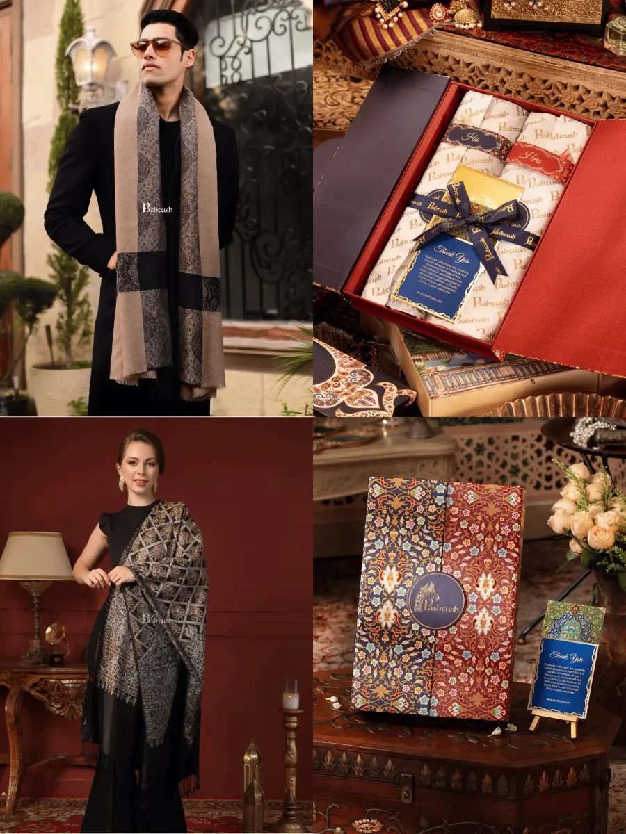 Pashtush His And Her Set Of Fine Wool Stoles, Premium Gift Box Packaging, Beige and Black — image 1