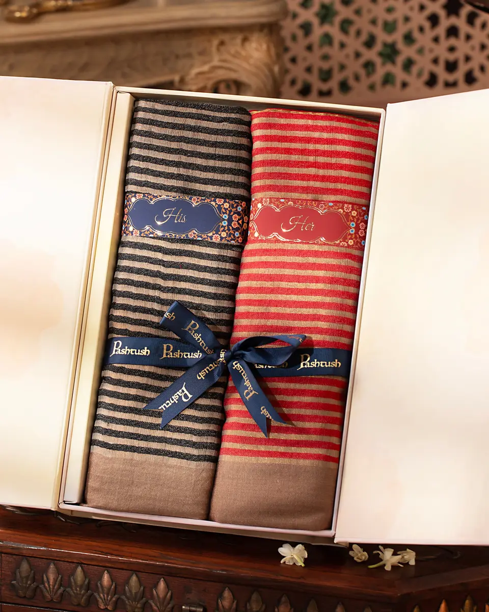 Pashtush His And Her Set Of Striped Twilight Stoles, Premium Gift Box Packaging, Black and Red — image 1