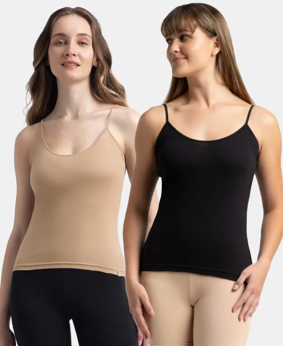 Super Combed Cotton Rib Camisole with Adjustable Straps and StayFresh Treatment - Black & Almondine (Pack of 2) — image 1
