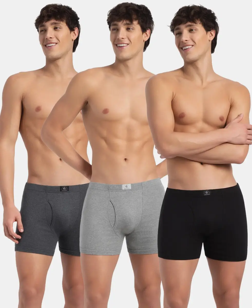 Super Combed Cotton Rib Solid Boxer Brief with Ultrasoft and Durable Waistband - Black/Charcoal Melange/Grey Melange (Pack of 3) — image 1