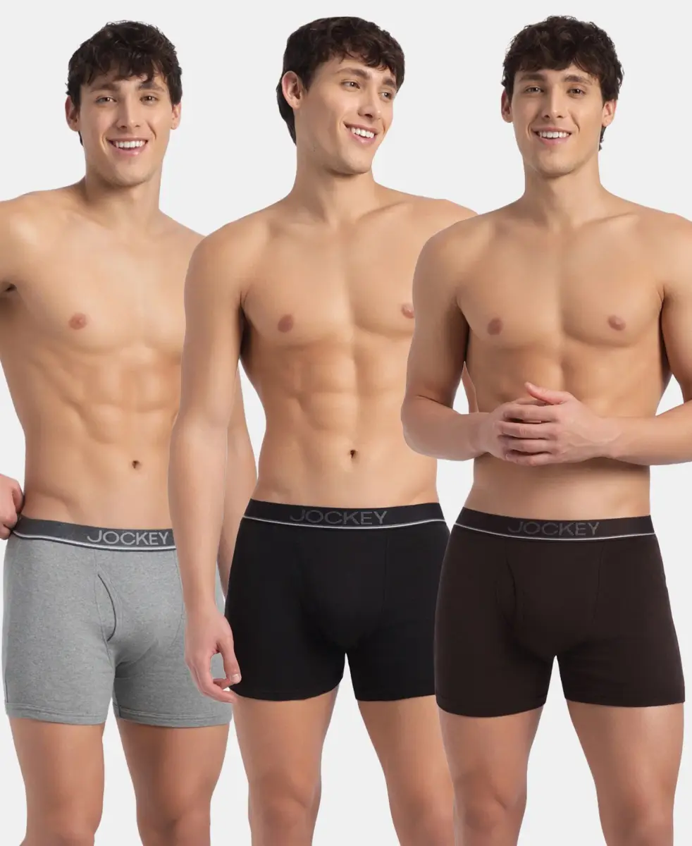 Super Combed Cotton Rib Solid Boxer Brief with Ultrasoft and Durable Waistband - Black/Grey Melange/Brown (Pack of 3) — image 1