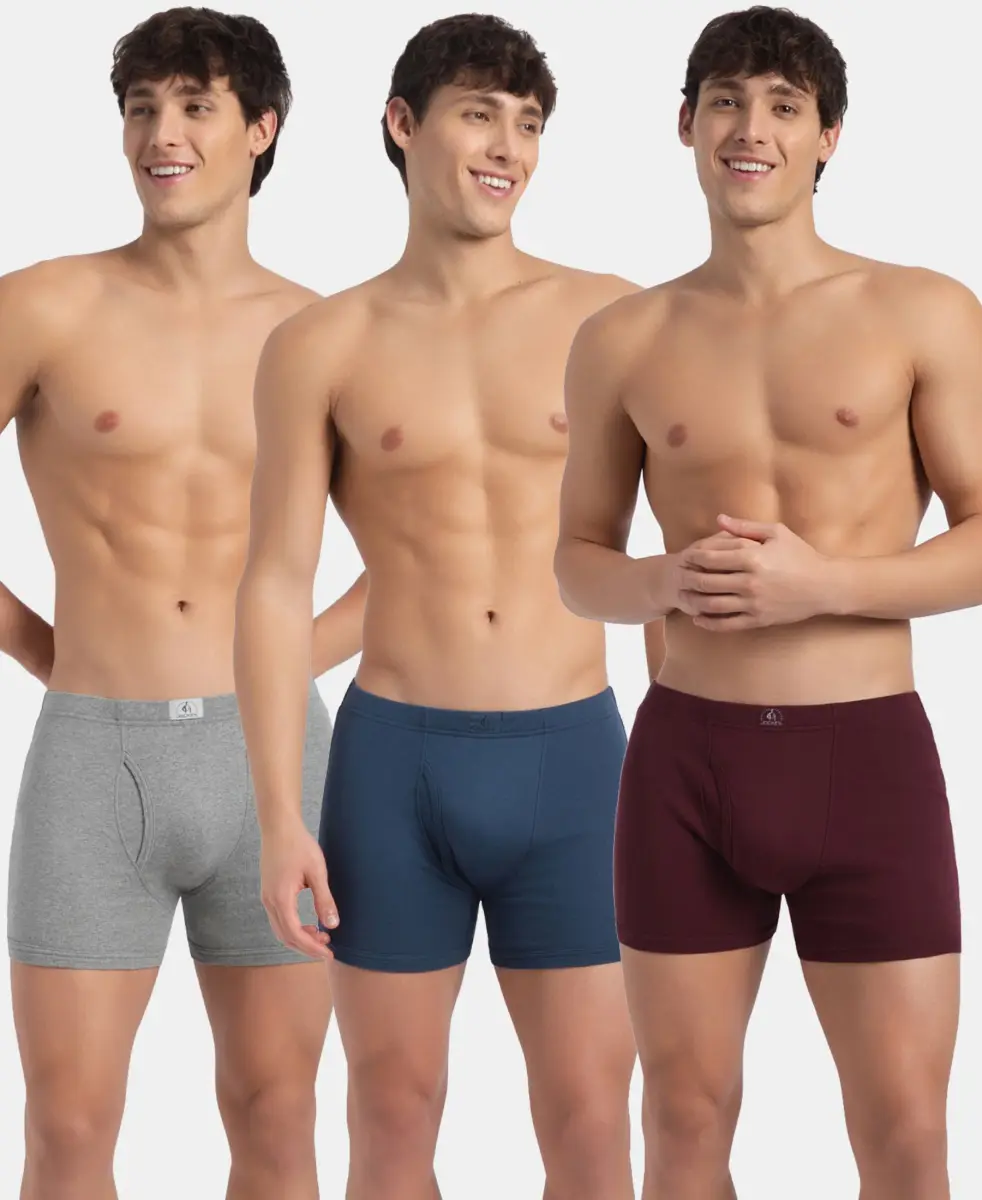 Super Combed Cotton Rib Solid Boxer Brief with Ultrasoft and Durable Waistband - Grey Melange, Port Royale & Dark Denim (Pack of 3) — image 1