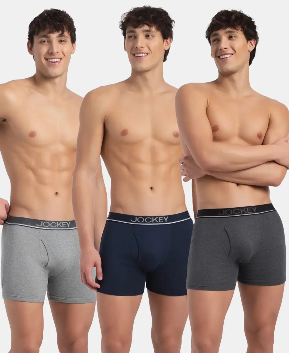 Super Combed Cotton Rib Solid Boxer Brief with Ultrasoft and Durable Waistband - Navy/Charcoal Melange/Grey Melange (Pack of 3) — image 1