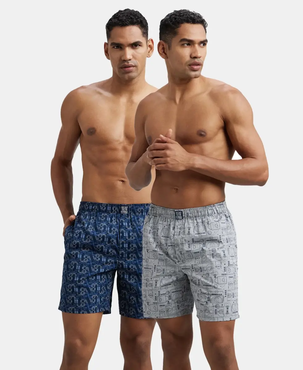 Super Combed Mercerized Cotton Woven Printed Boxer Shorts with Side Pockets - Navy & Nickel (Pack of 2) — image 1