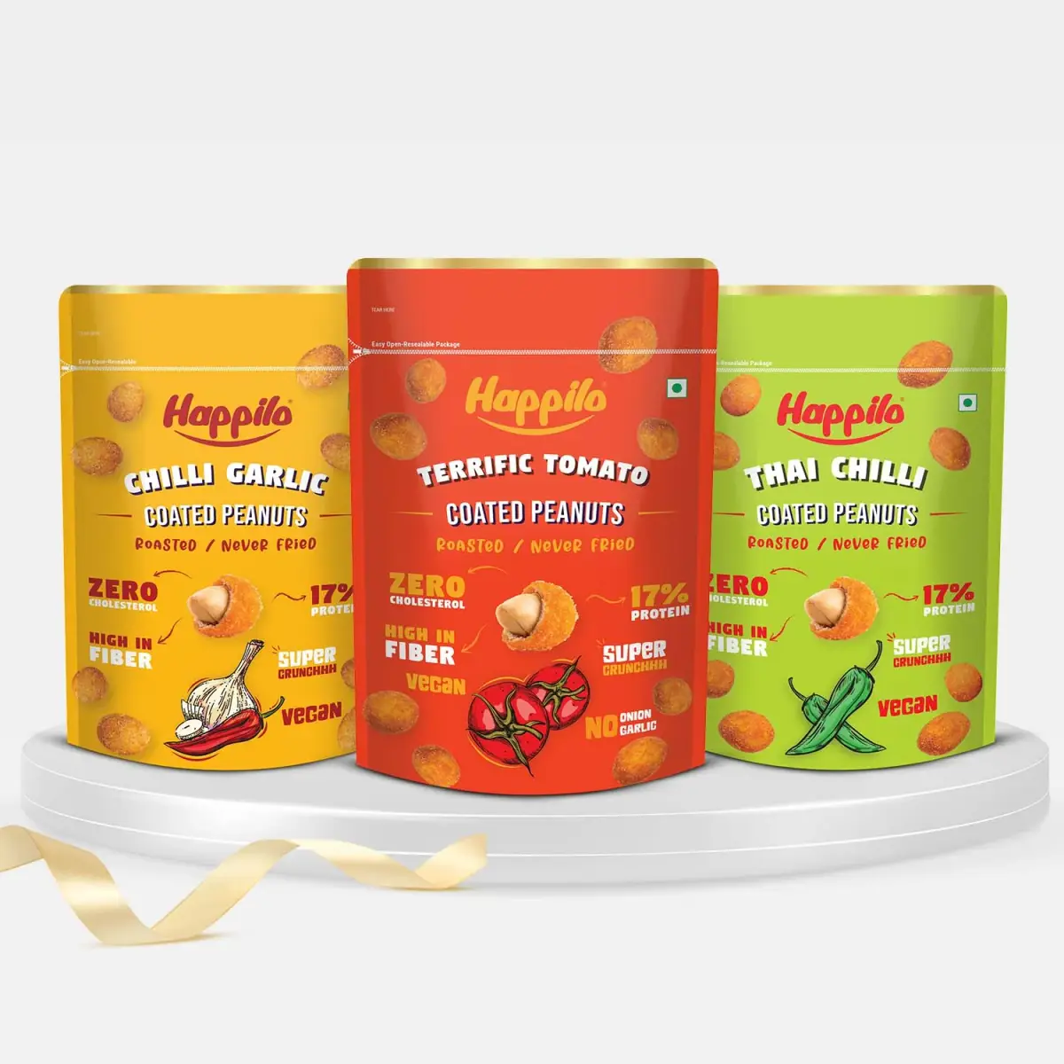 Happilo Peanut Power Combo Snack 150g each Chili Garlic Peanut, Thai Chili Peanut, Terrific Tomato Peanut — image 1