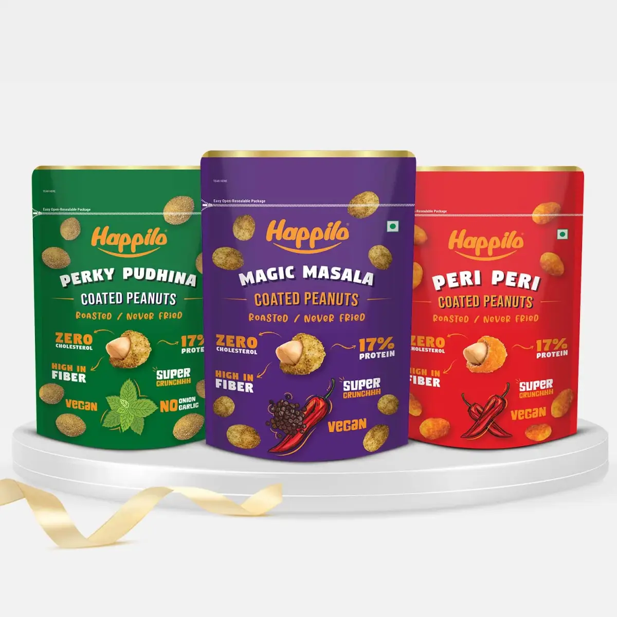 Happilo Peanut Super Combo Snack 150g each, Perky Pudhina Peanut, Magic Masala Peanut, Peri Peri Peanut — image 1