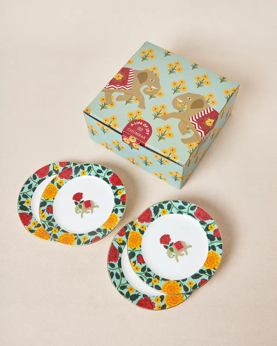 Royal Tusker Snack Plate Gift Set - Set of 4, 8"dia | Palace Memoirs | Gold Rim — image 1