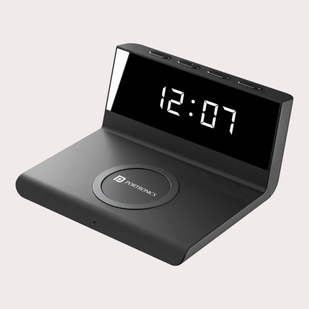Portronics FREEDOM 4A Desktop Wireless Charger with Digital Alarm Clock- Black — image 1