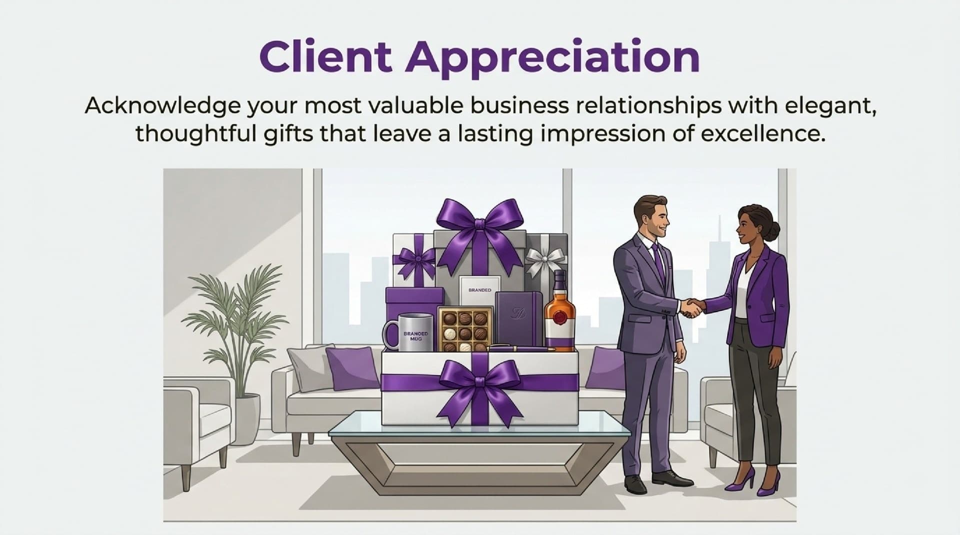 Client appreciation gift arrangement with premium boxes and branded items