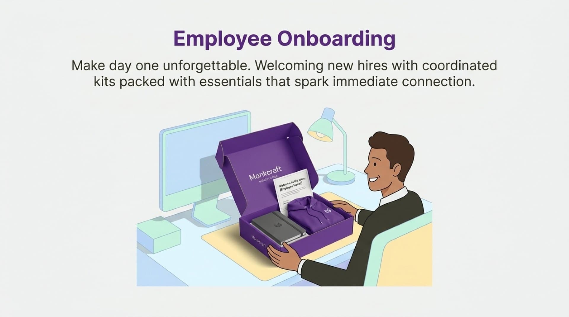 New hire opening a Monkcraft welcome box with hoodie, notebook, and card