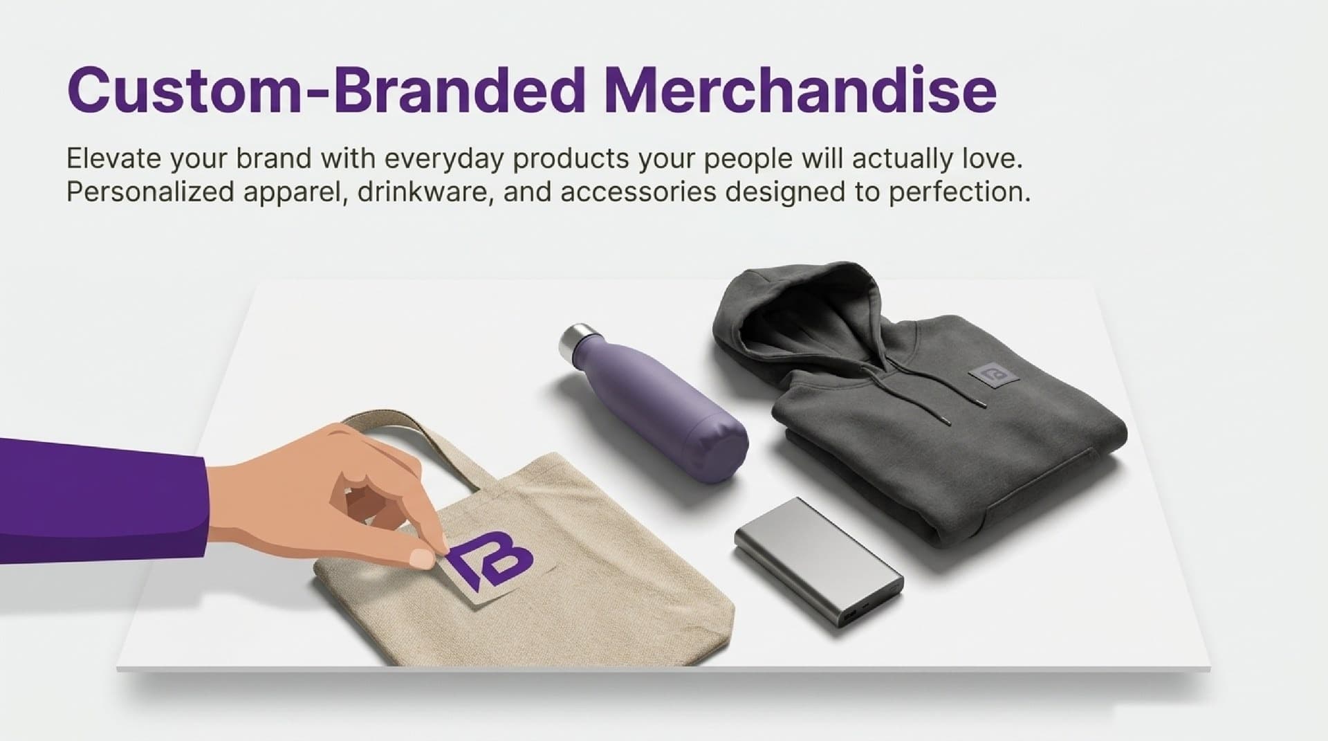 Custom merchandise studio illustration with a backpack, jacket and mug